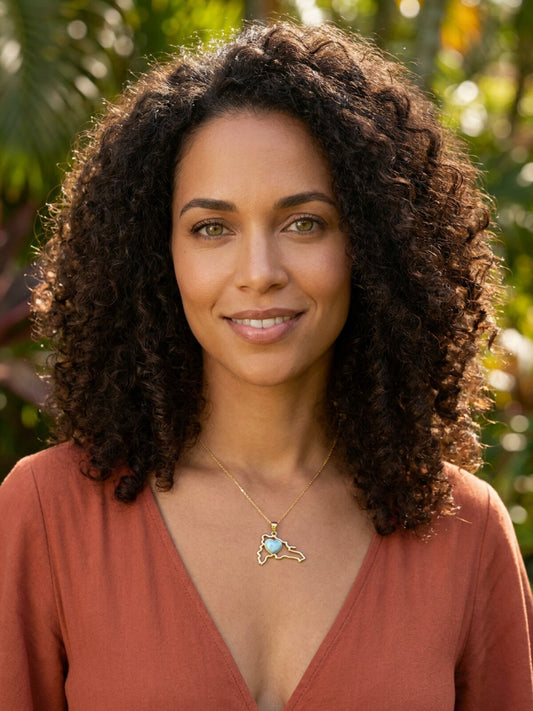 Dominican Republic map larimar necklace, worn by a model