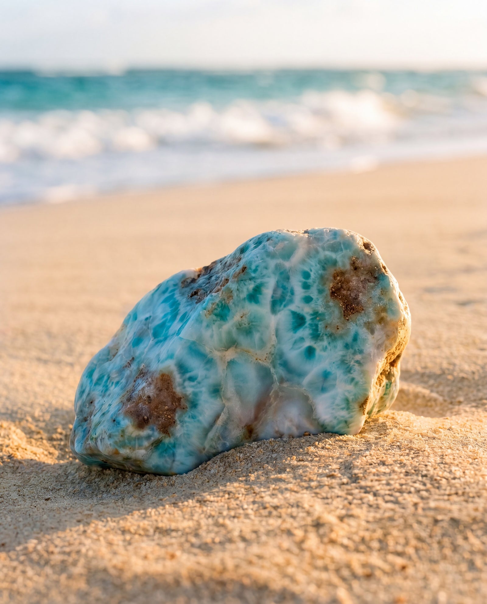 Raw larimar stone resting on the sand of a Caribbean beach