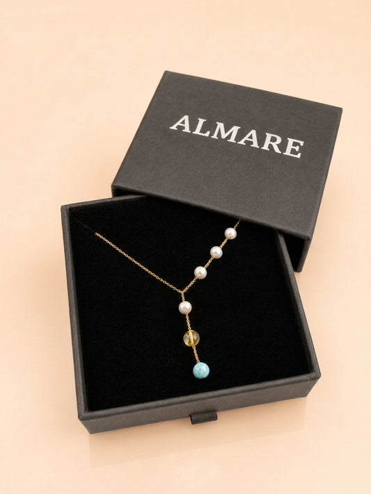 Larimar, amber and pearl pendant necklace, in the black Almare gift box