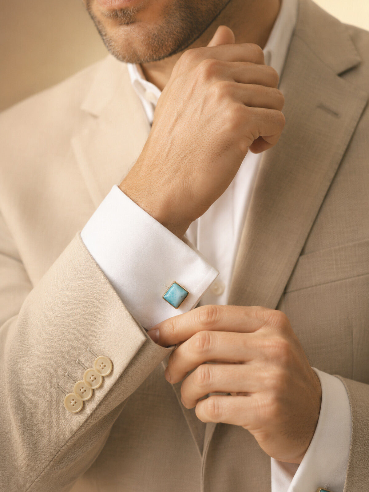 Larimar cufflinks, worn by a model