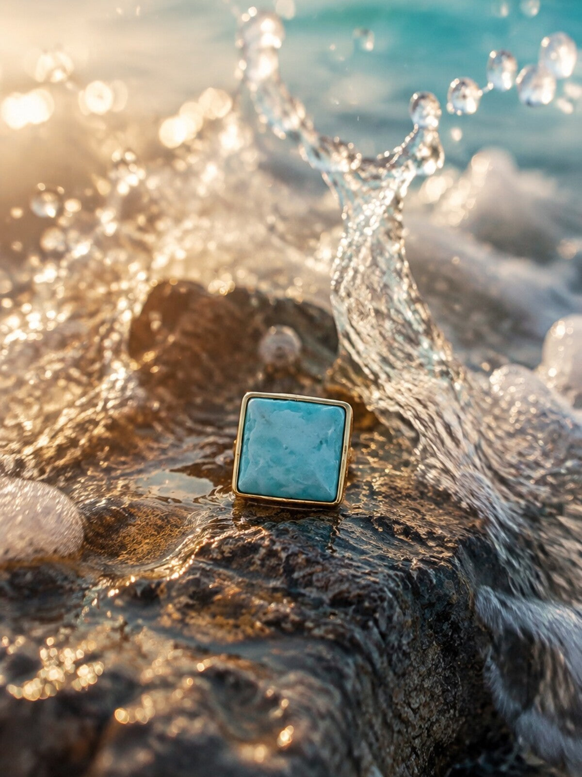 Larimar cufflinks, photographed on the beach