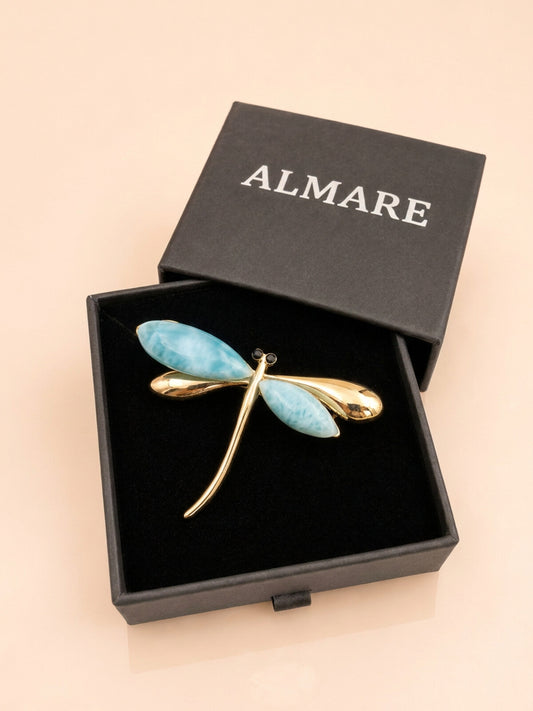 Larimar dragonfly brooch, in the black Almare gift box