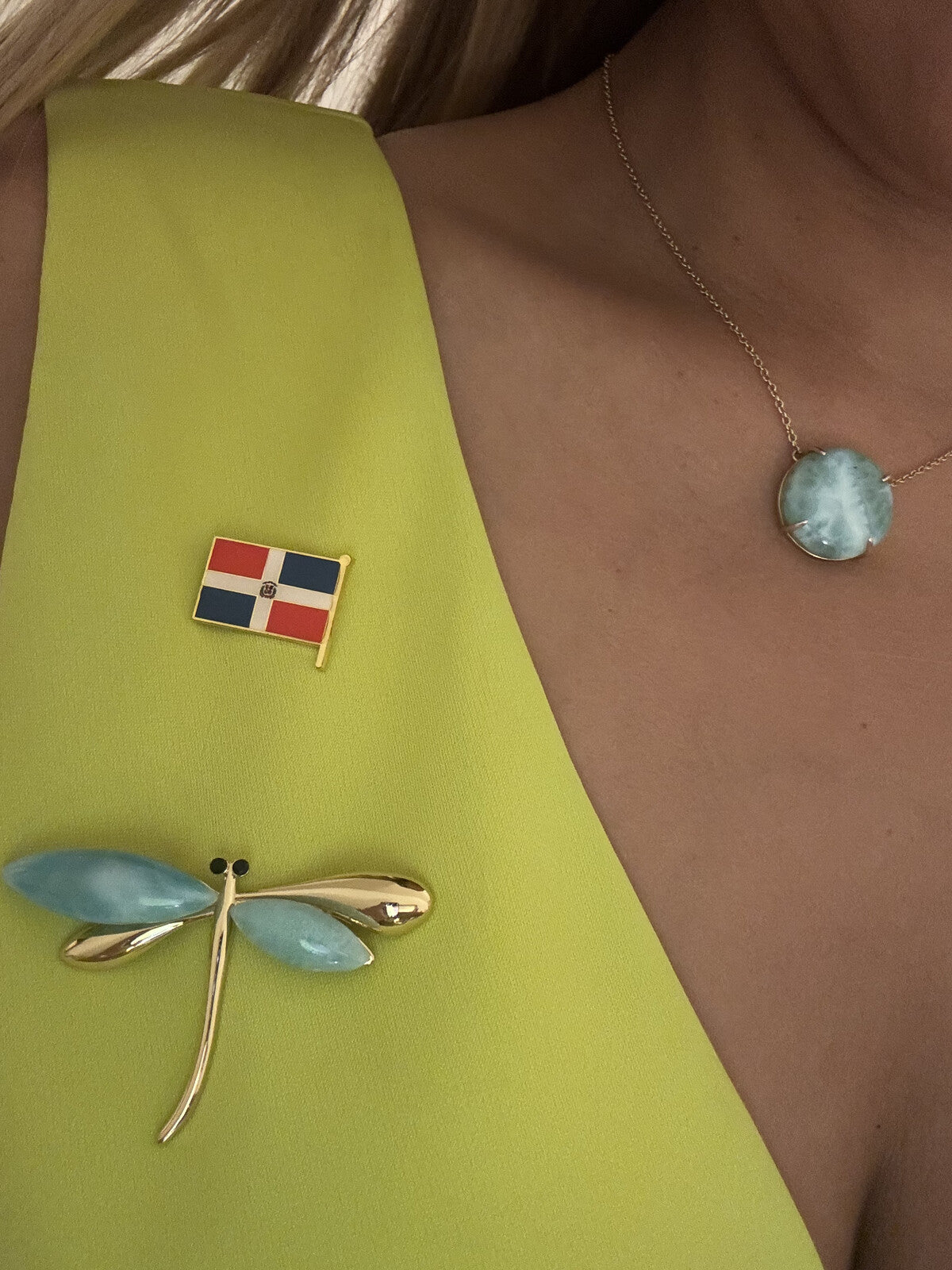 Larimar dragonfly brooch, worn by a model