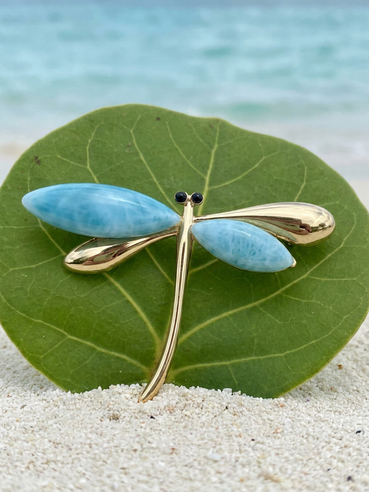 Larimar dragonfly brooch, photographed on the beach