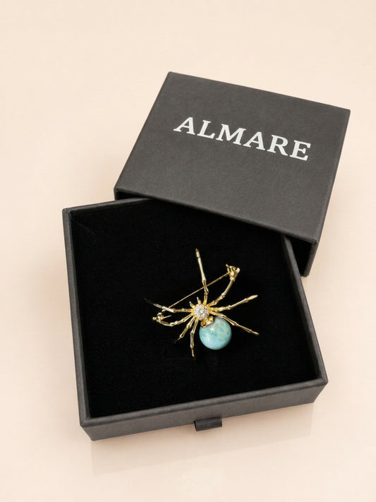 Larimar spider brooch, in the black Almare gift box
