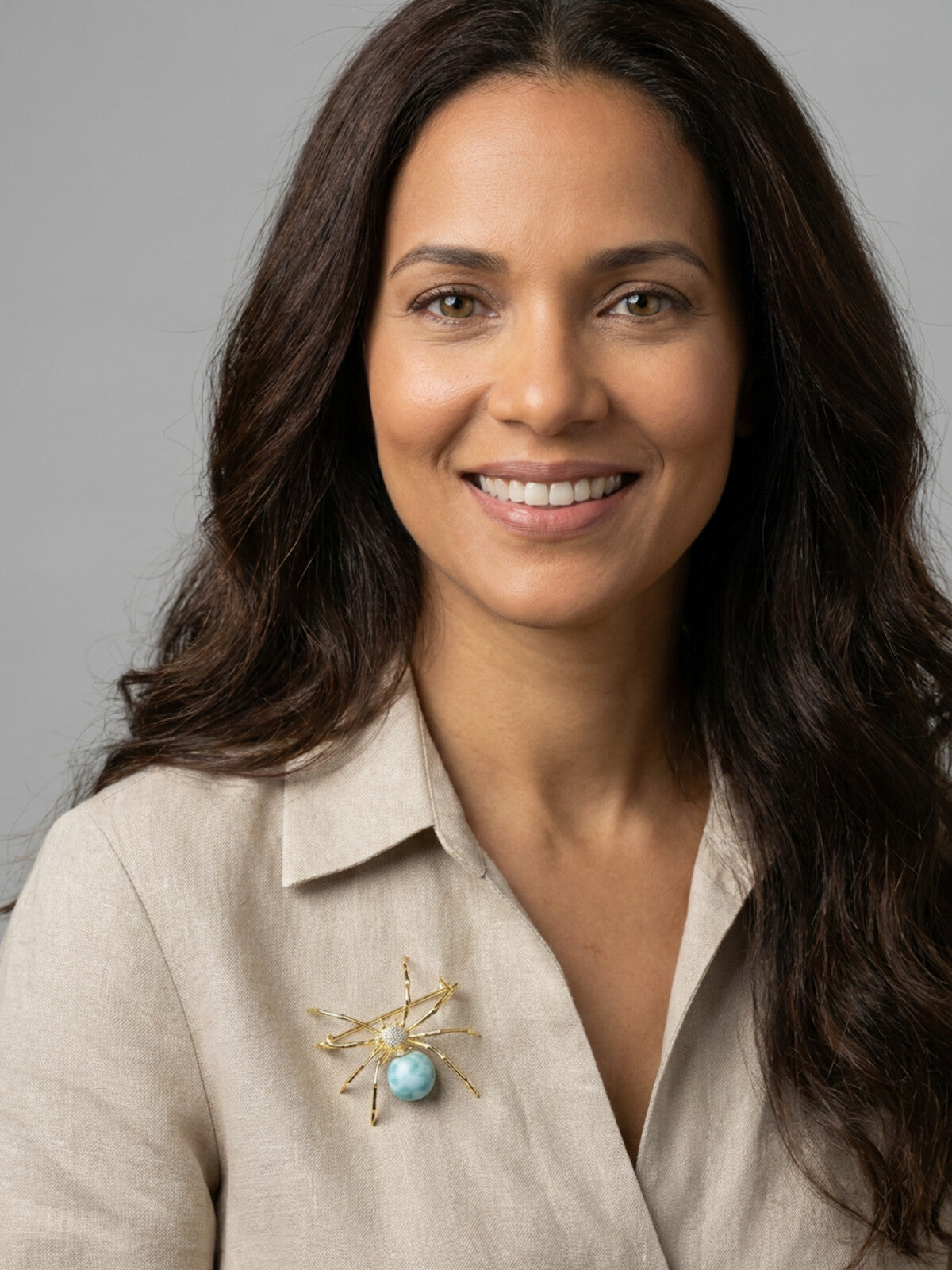 Larimar spider brooch, worn by a model