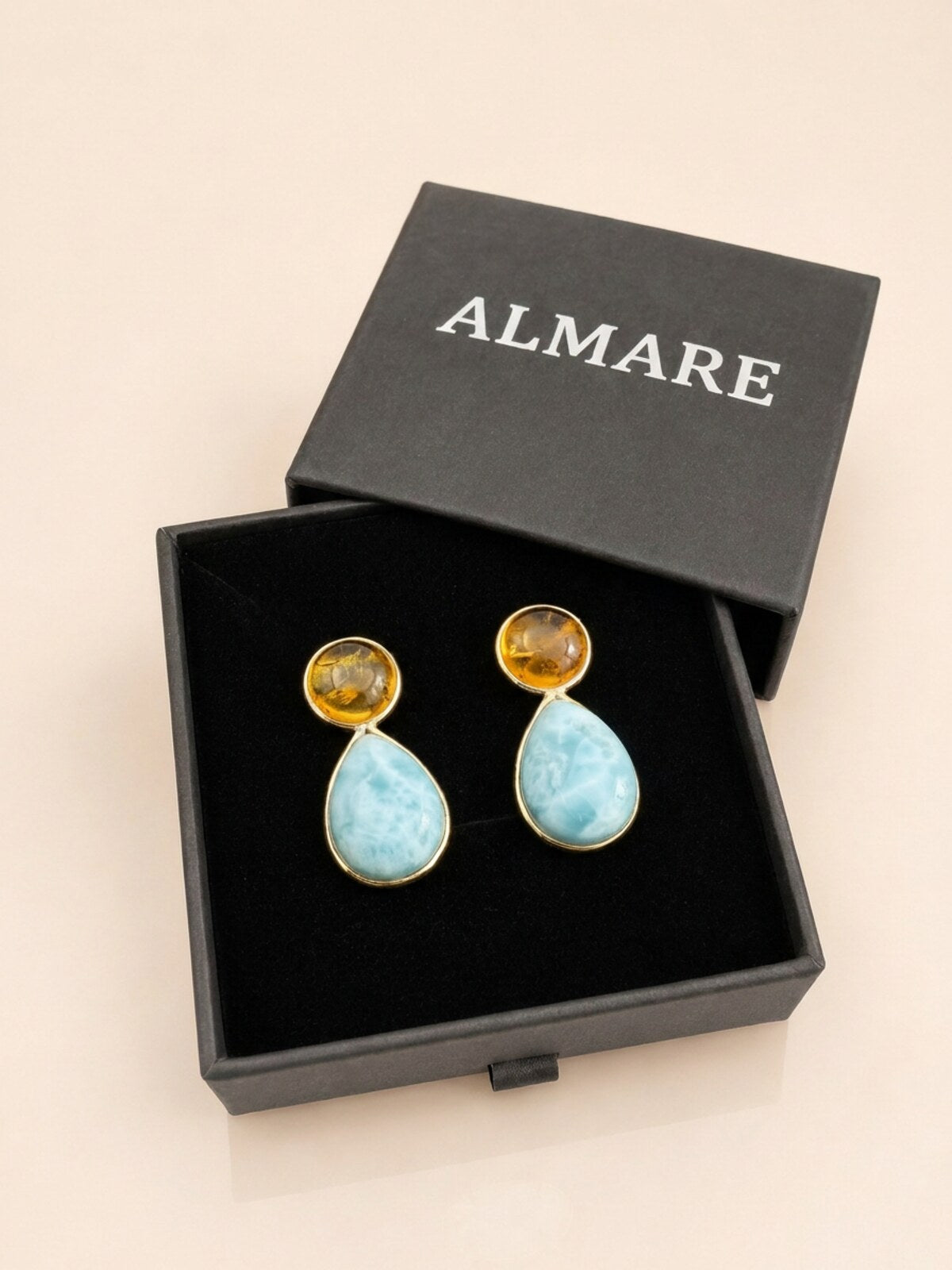 Larimar and amber drop earrings, in the black Almare gift box