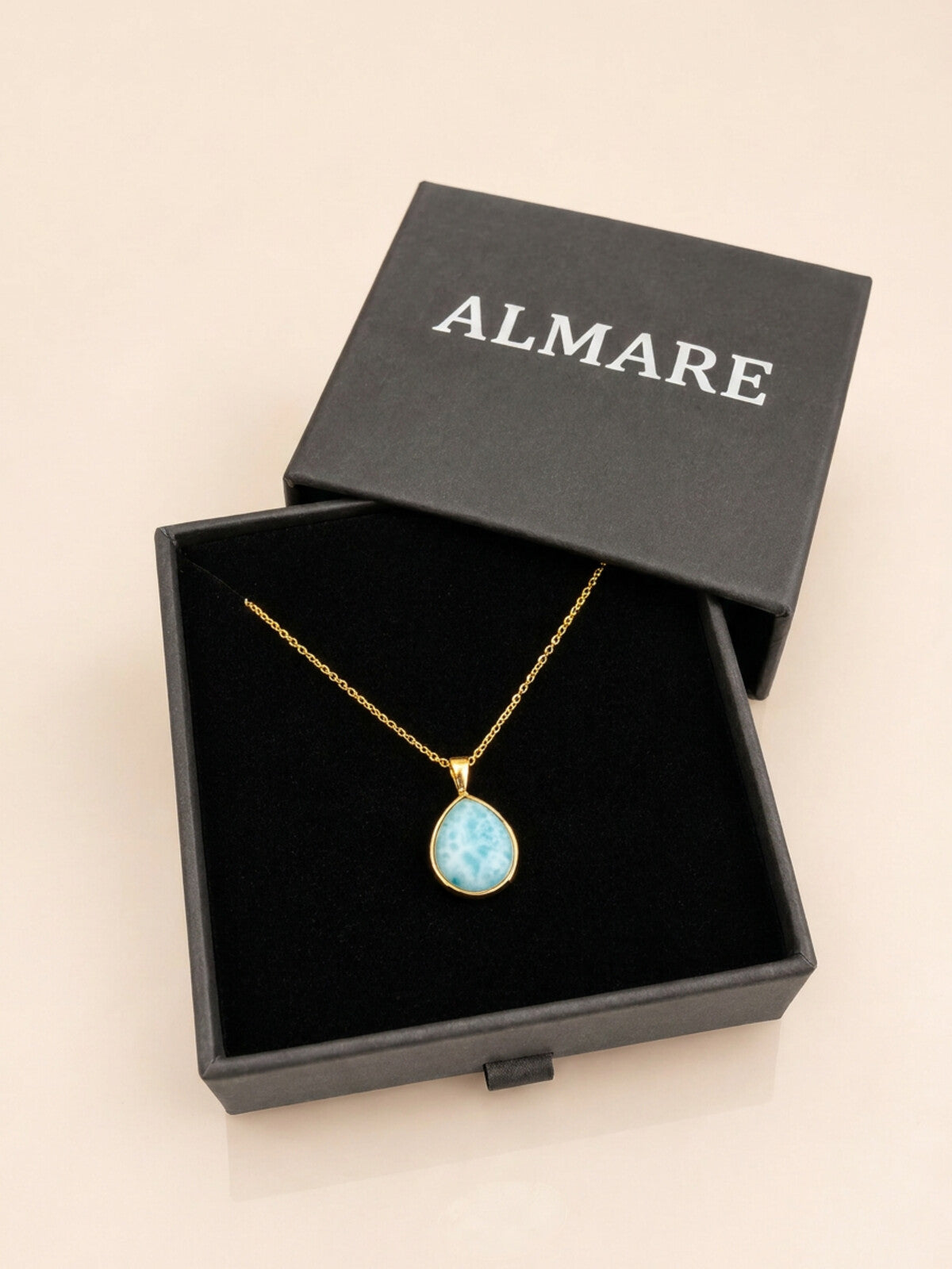 Larimar teardrop necklace, in the black Almare gift box