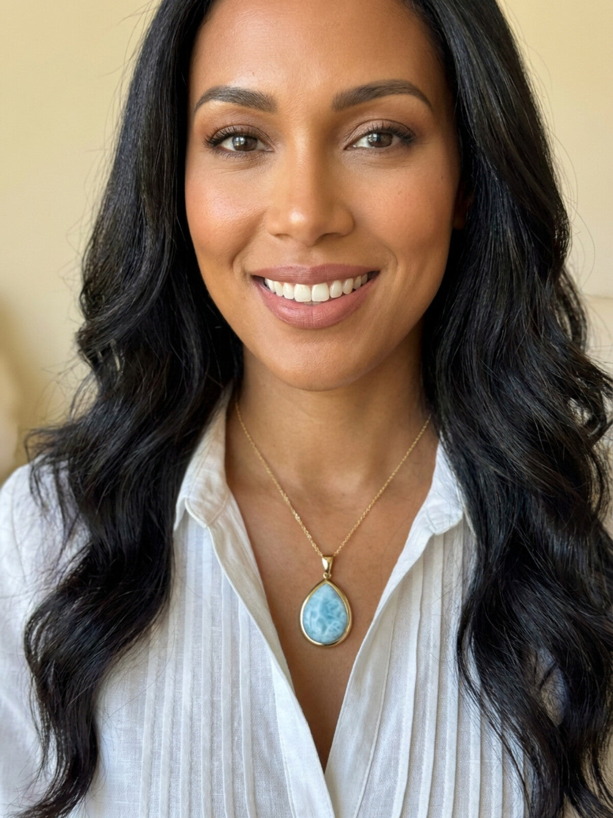 Larimar teardrop necklace, worn by a model