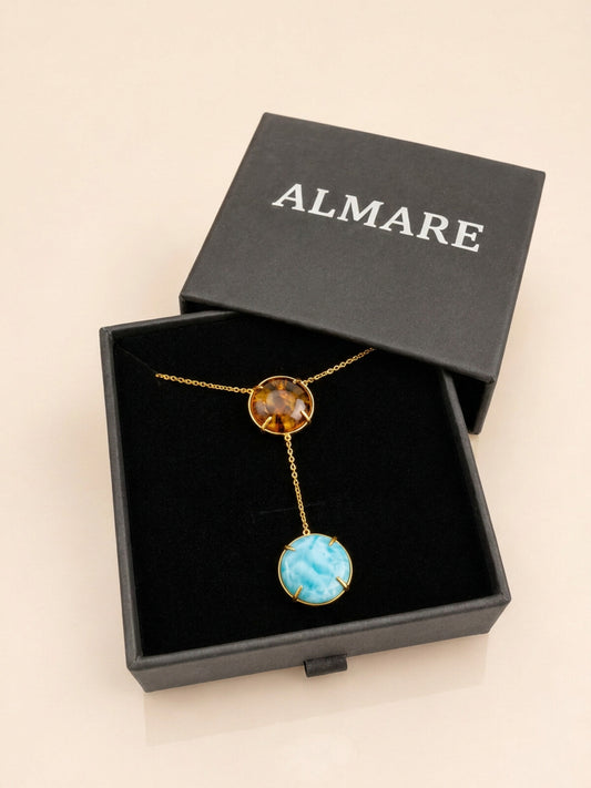 Larimar and amber necklace, in the black Almare gift box