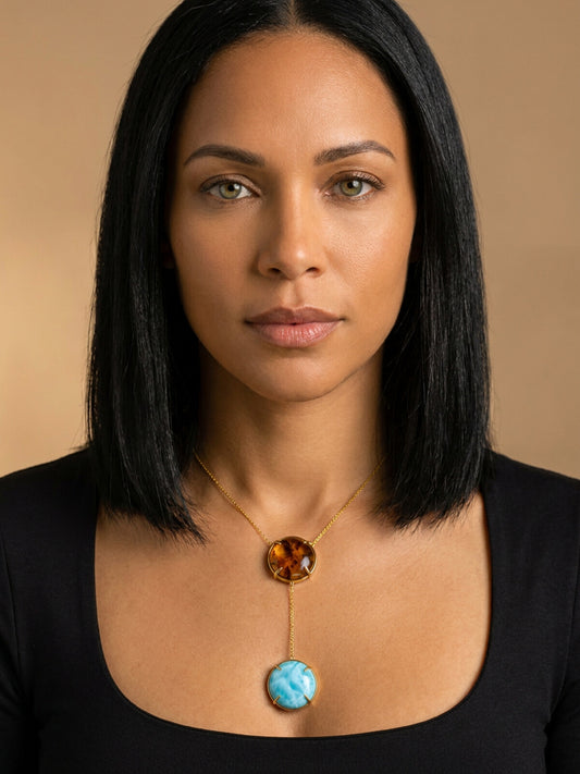 Larimar and amber necklace, worn by a model