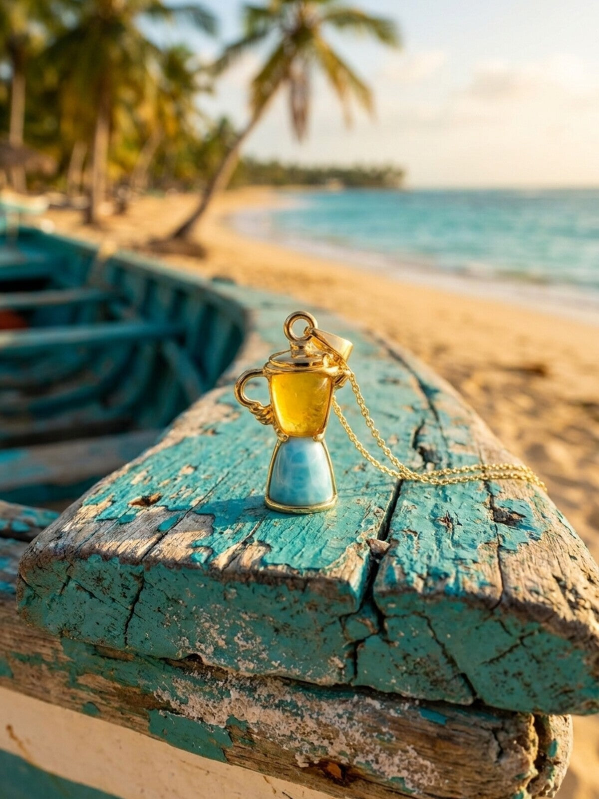 Larimar and amber coffee pot necklace, photographed on the beach