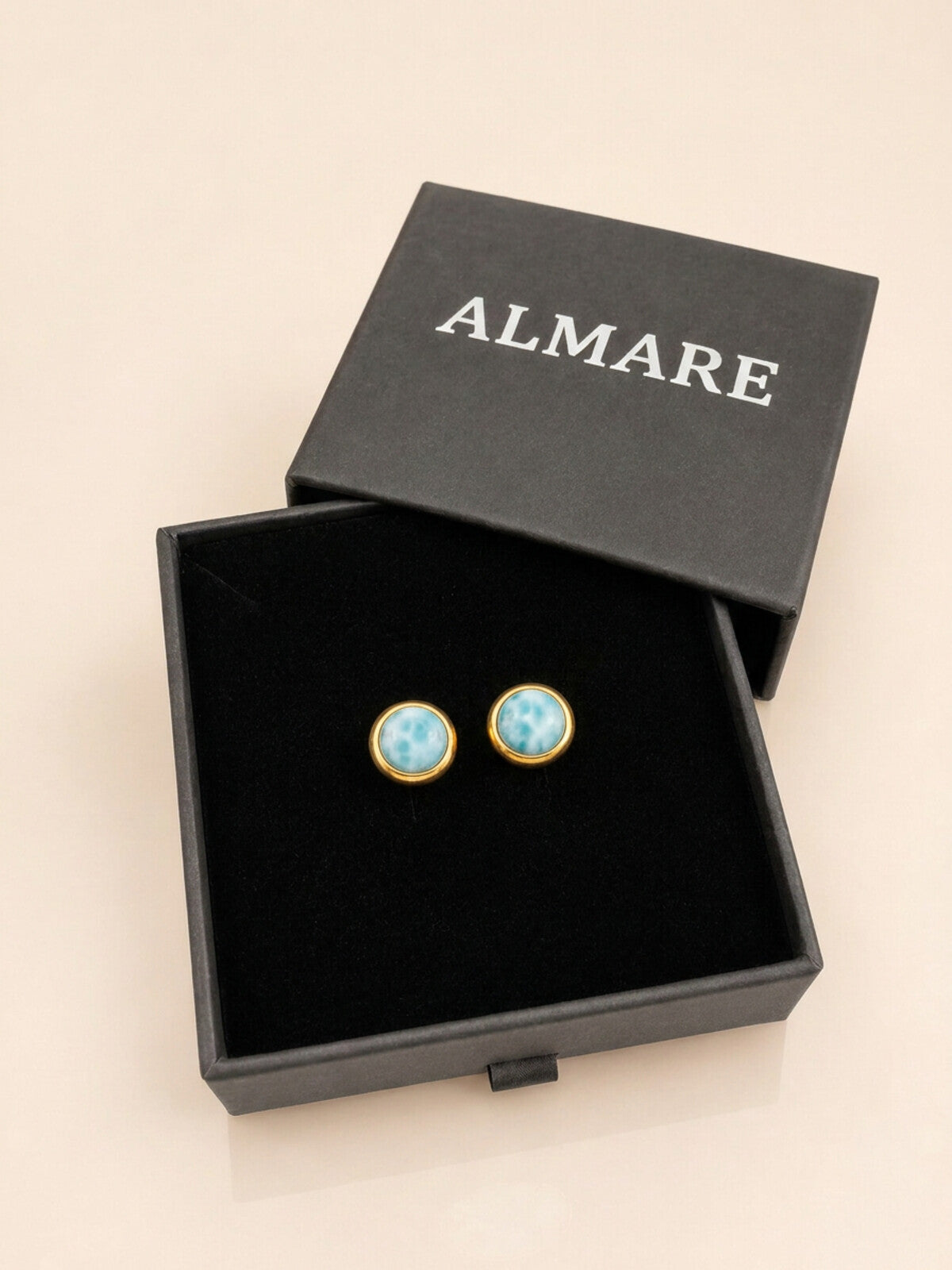 Larimar stud earrings 6mm, in the black Almare gift box