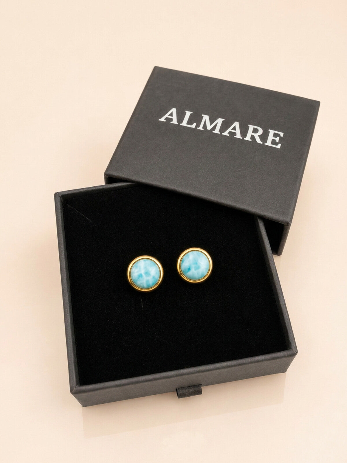 Larimar stud earrings 8mm, in the black Almare gift box
