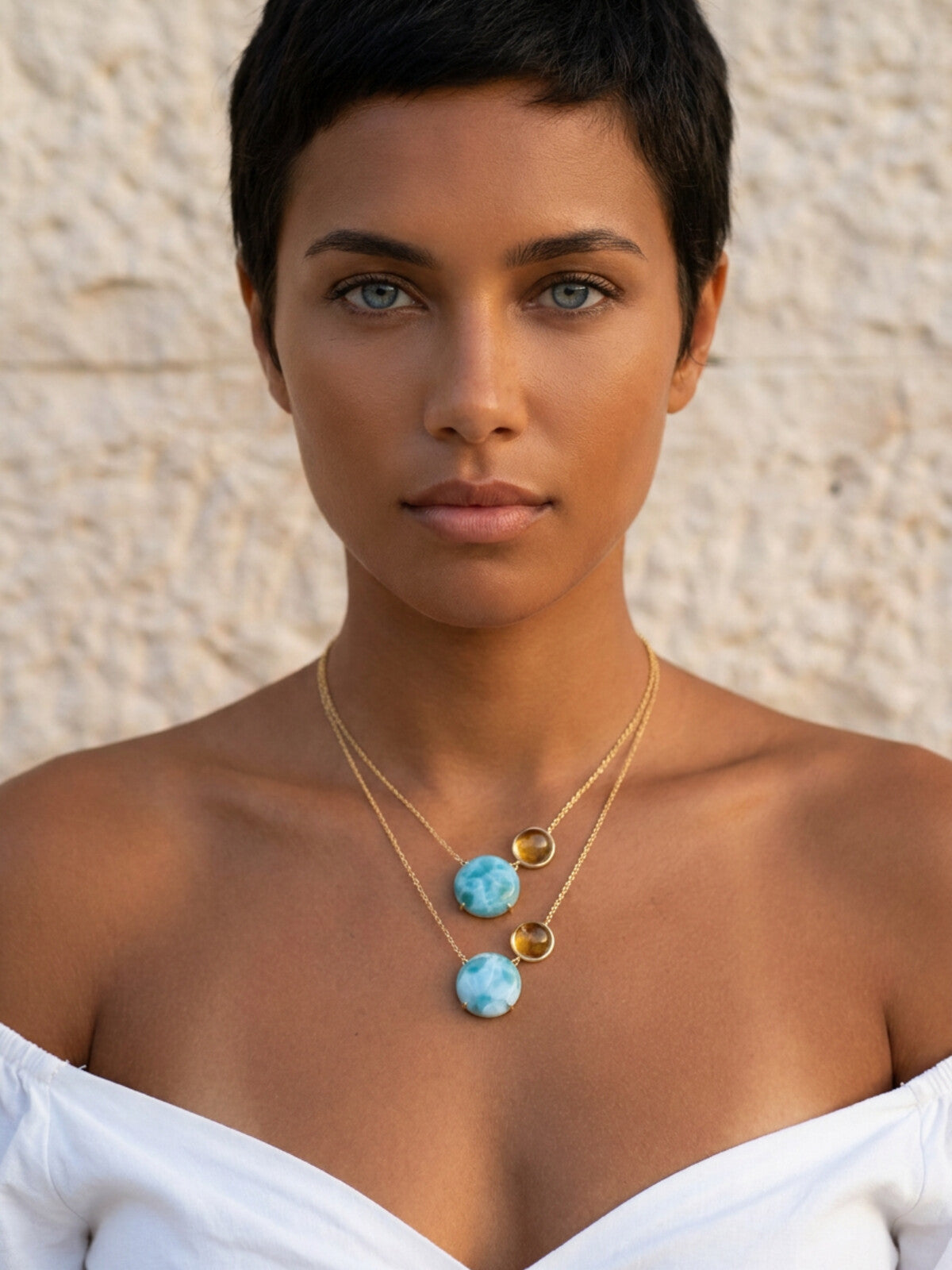 Double chain necklace, worn by a model