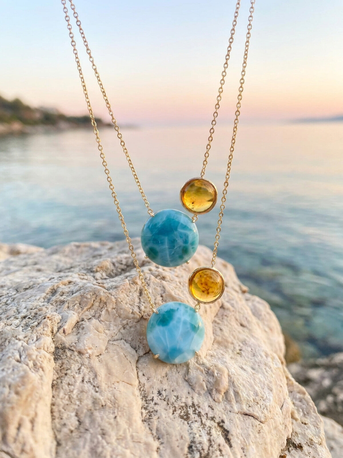 Double chain necklace, photographed on the beach