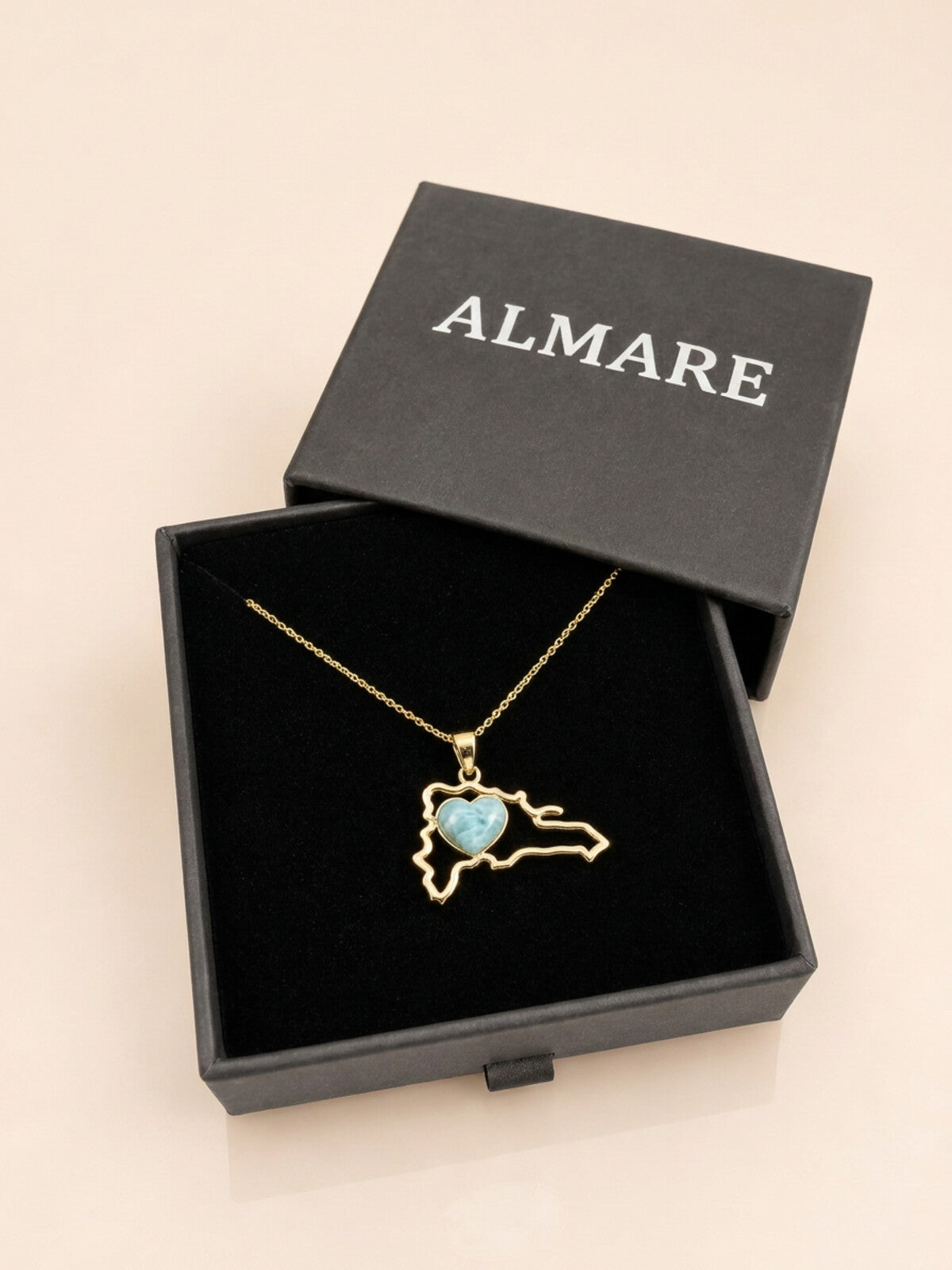 Dominican Republic map larimar necklace, in the black Almare gift box