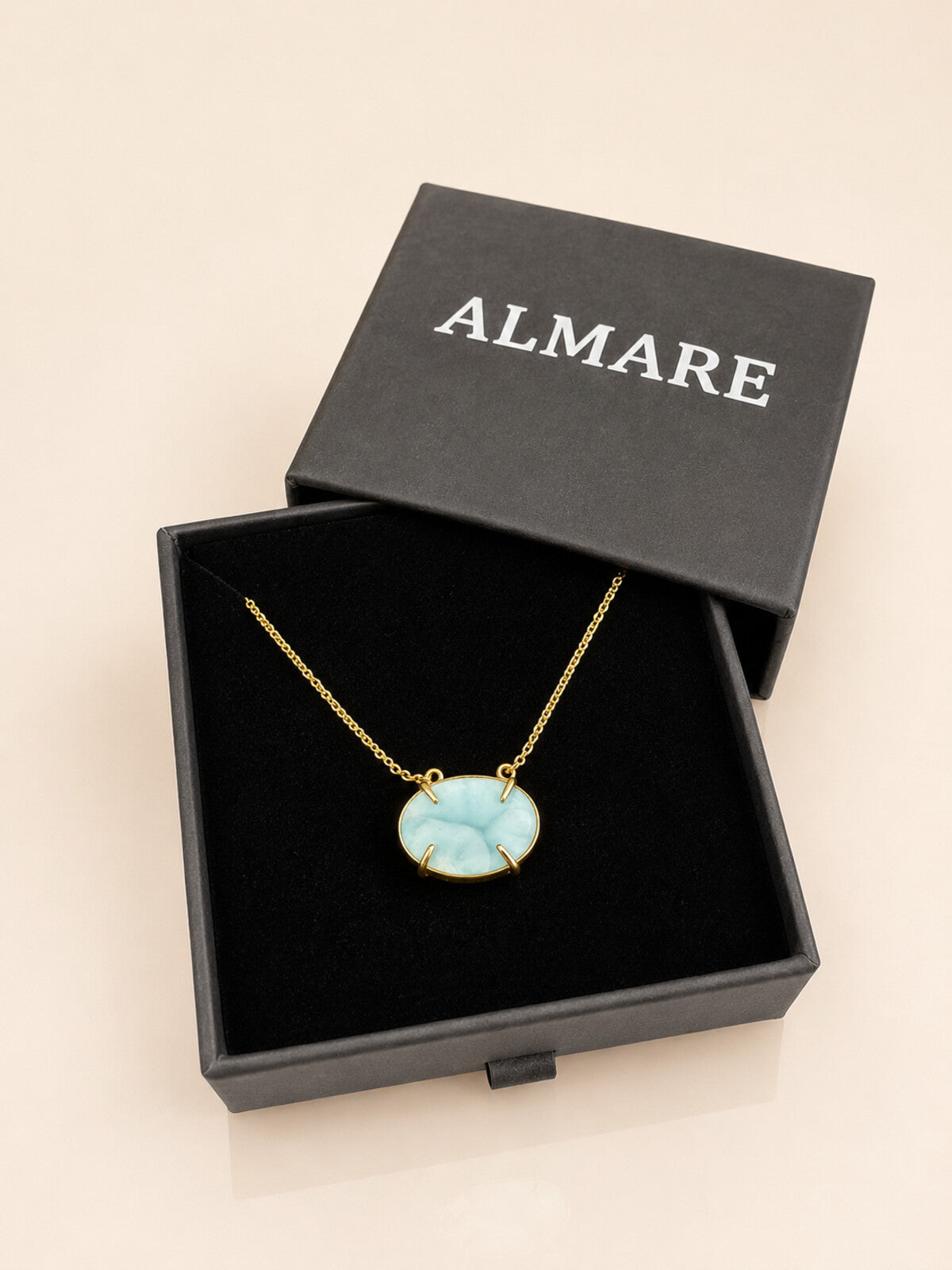 Oval larimar necklace, in the black Almare gift box